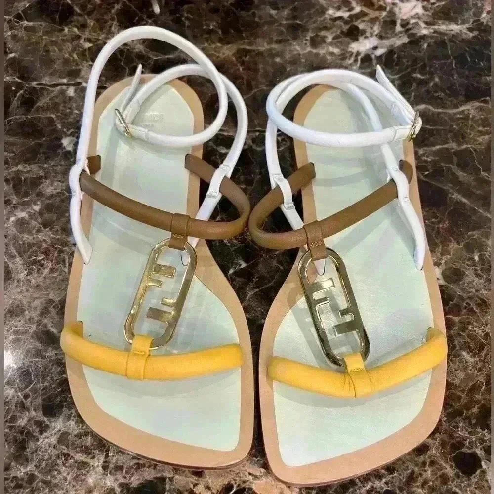 Fendi O'Lock Leather Colorblock Sandals Size 37.5 - Picture 4 of 13